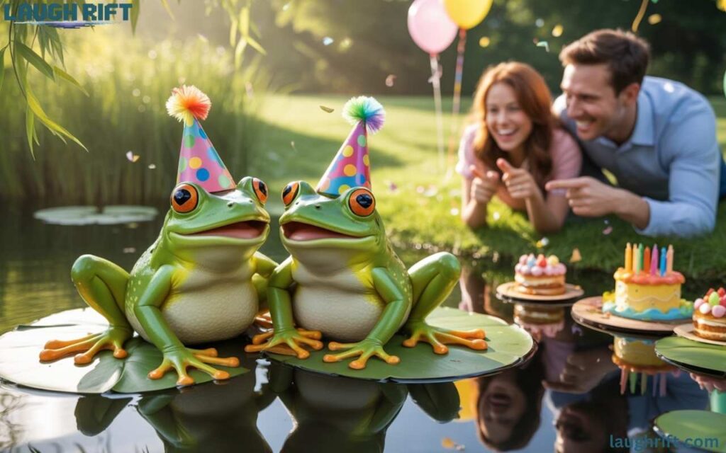 Birthday amphibian couple with humans enjoying the celebration.