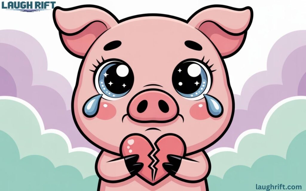 Cute pig with teary eyes and a broken heart.