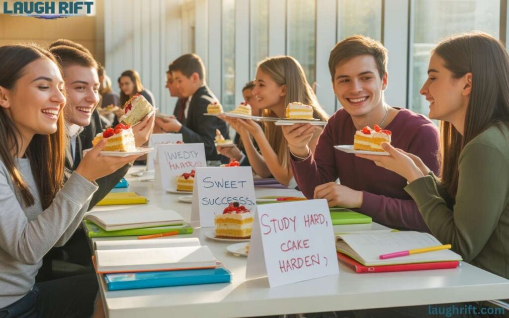 Students enjoying cake puns in canteen setting.