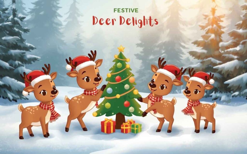 Cartoon deer decorating Christmas tree in snowy forest.
