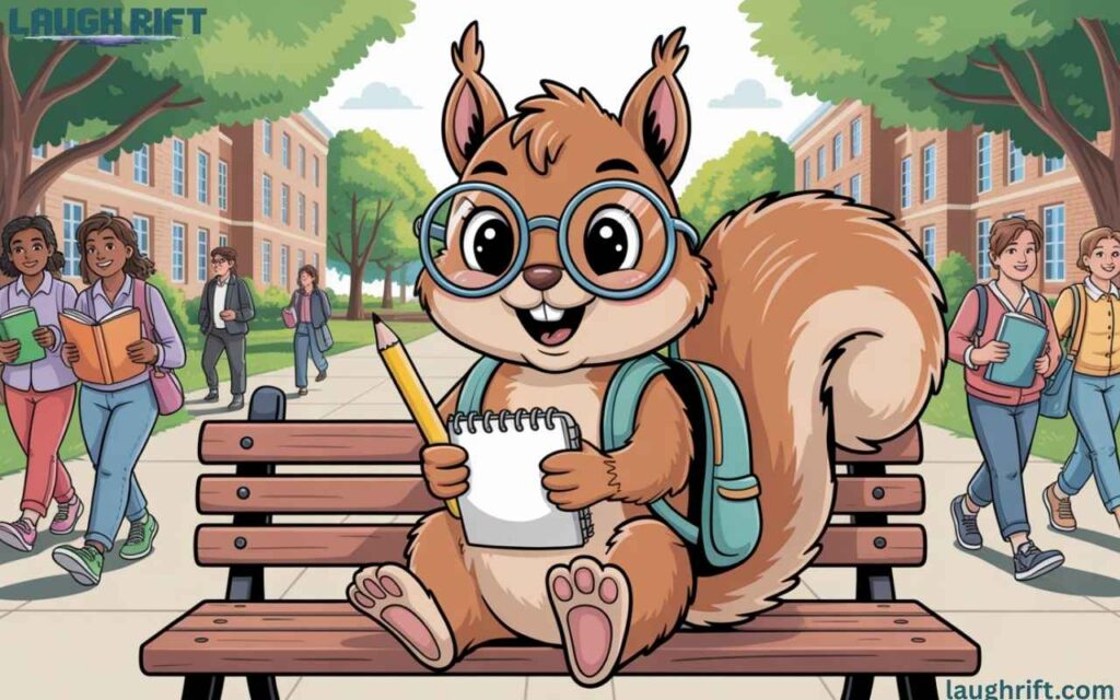 College squirrel with backpack and books among students.