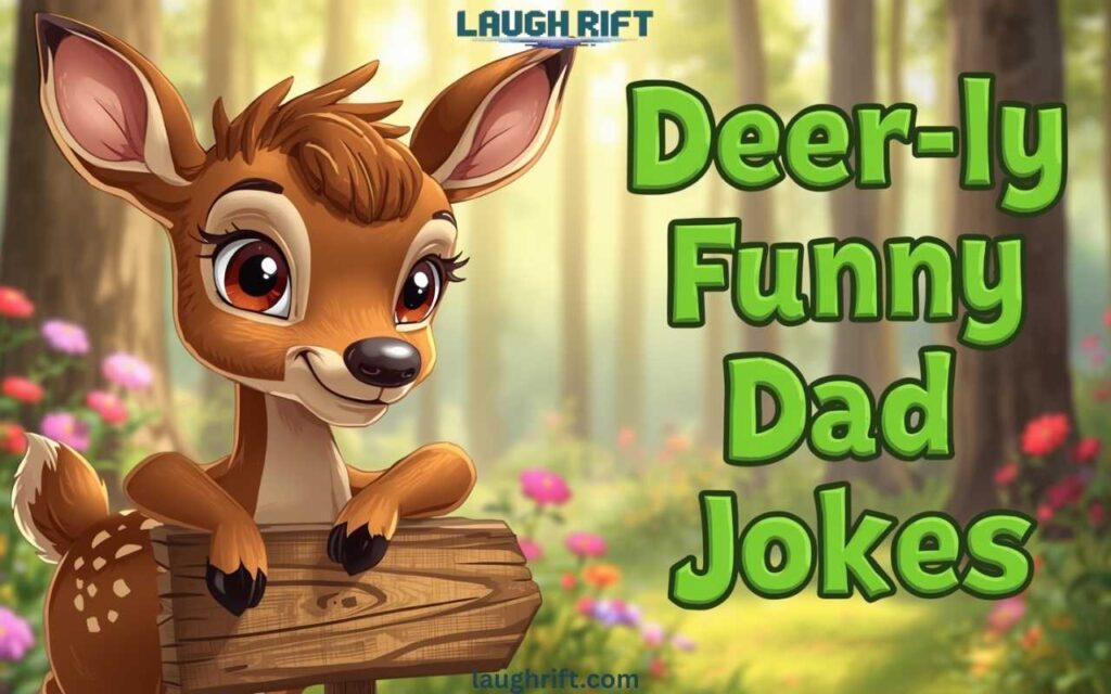 Cartoon deer with dad joke sign in forest.