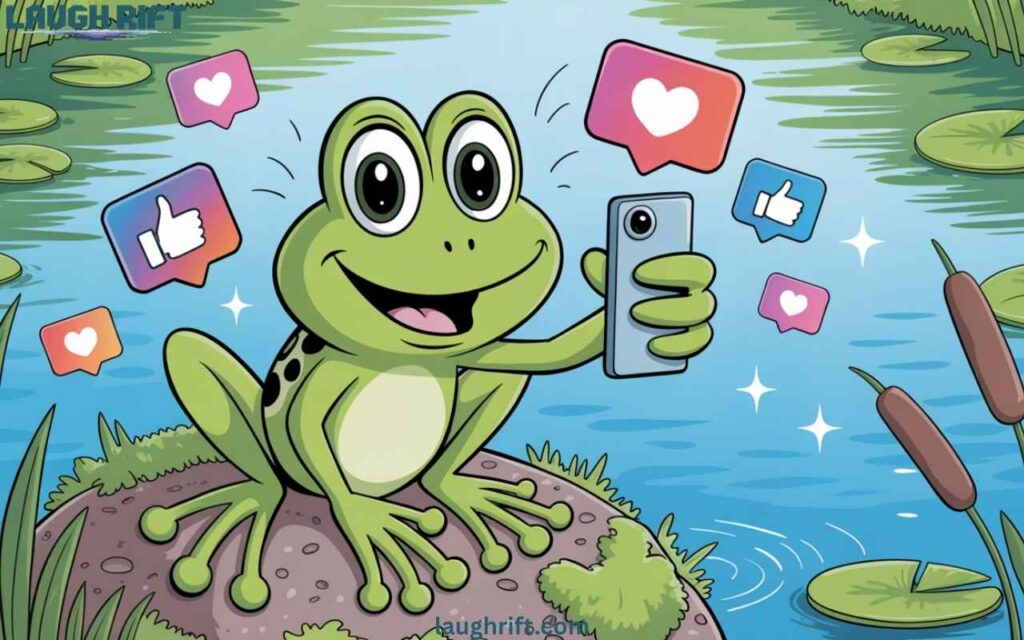 Cartoon frog on mossy rock with Instagram icons.