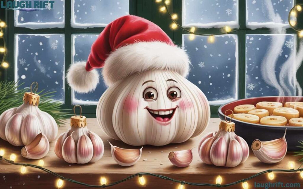 Garlic character celebrating Christmas with festive cloves.