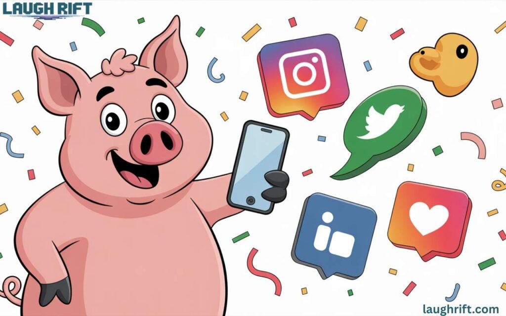 Cartoon hog using phone for social media with fun icons.