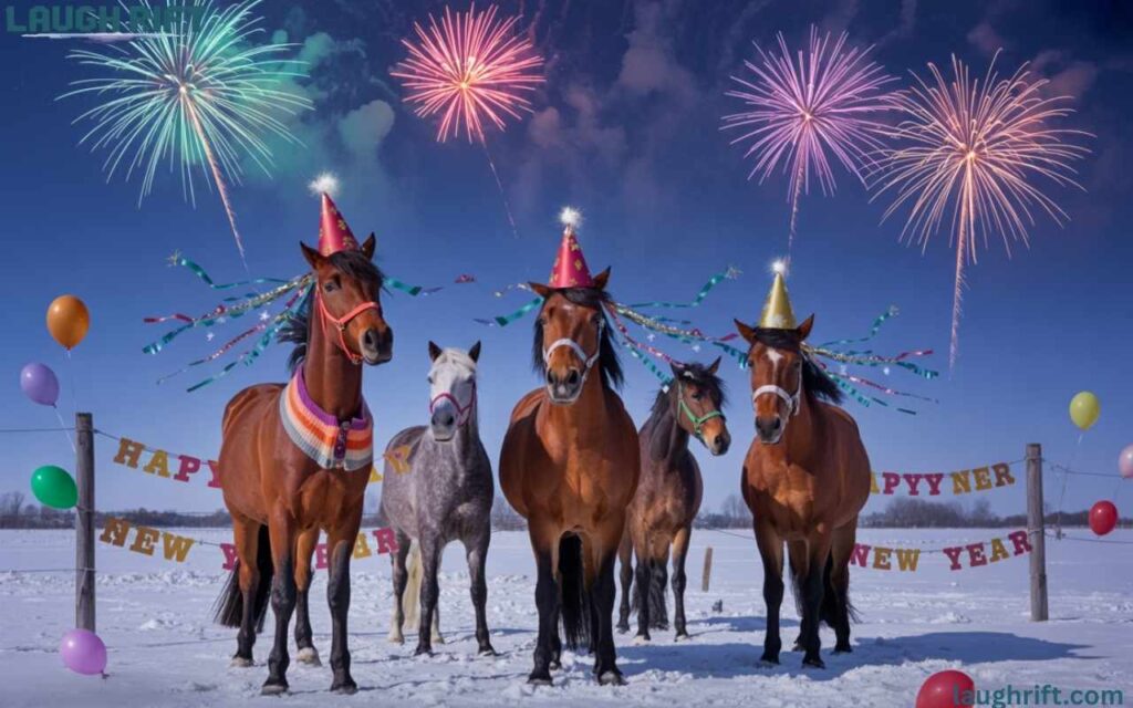 Group of horses celebrating New Year with hats, confetti, and fireworks.