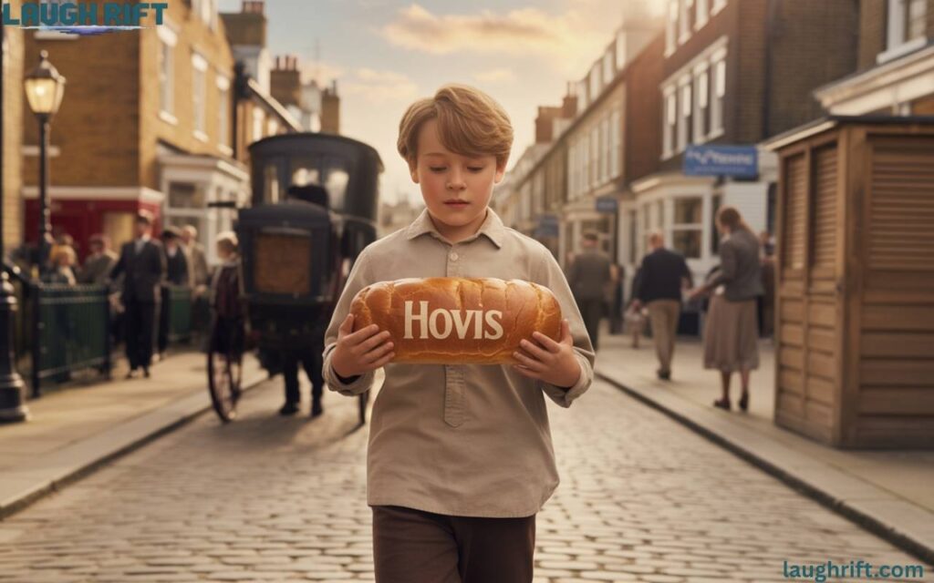 Young boy carrying a Hovis loaf through changing British history.
