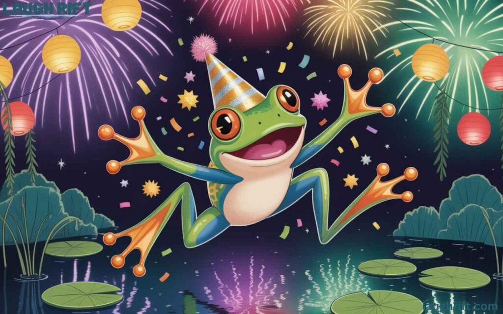 jumper celebrating New Year with fireworks and confetti.