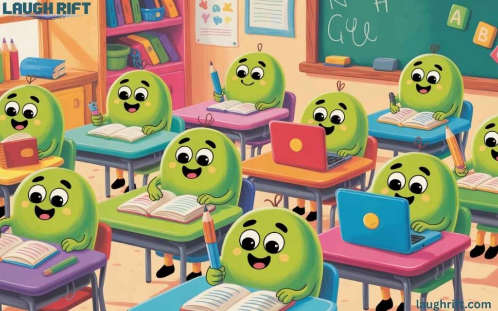 Cartoon lemon characters studying in class.