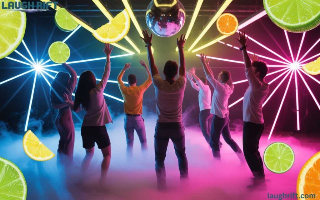 Lively dance party with citrus decorations.