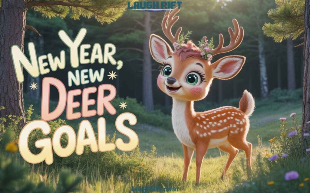 Cartoon stag in a real forest celebrating New Year.