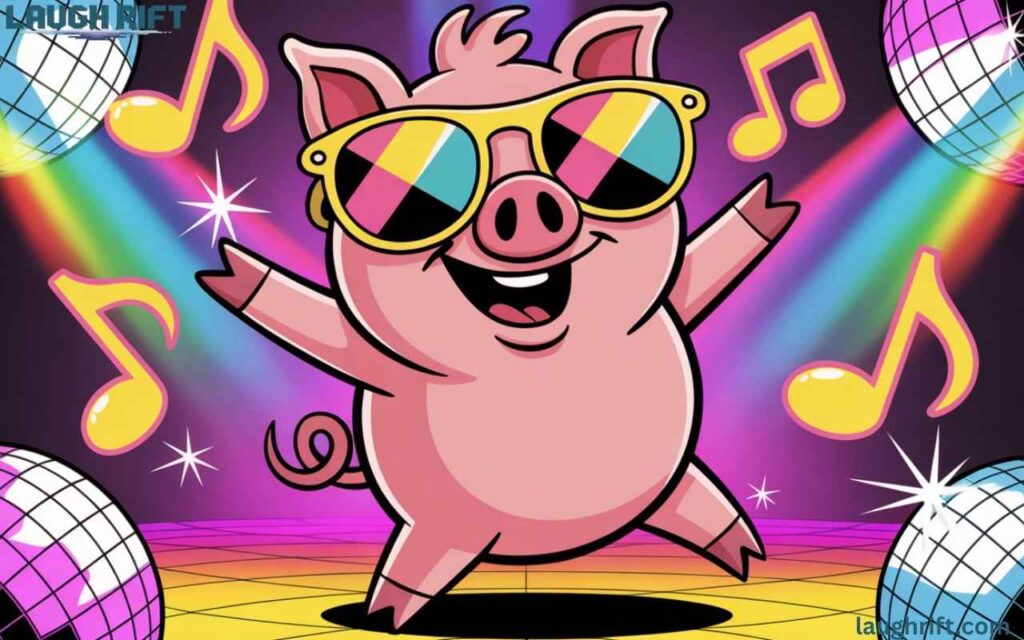 Dancing cartoon pig at a fun party.