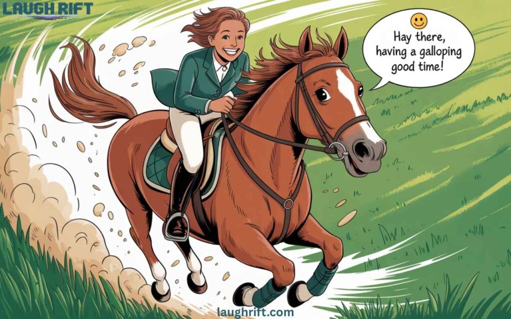 Rider enjoying a lively horse ride in a sunny field.