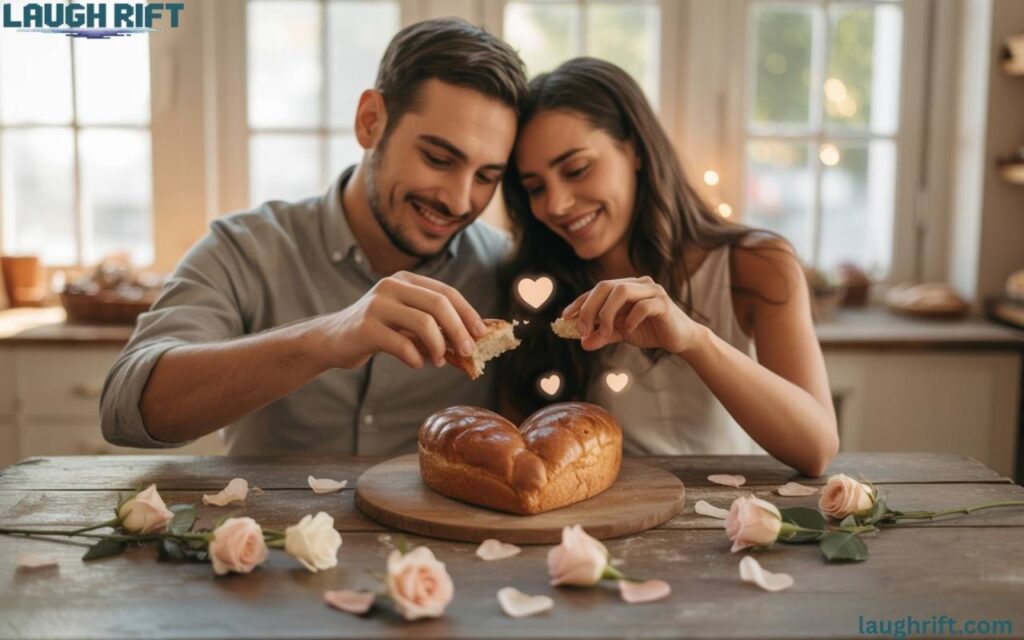Couple sharing heart shaped bread with roses and love icons in a natural background.