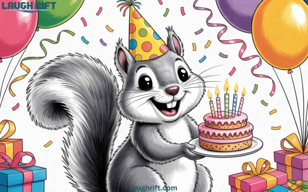Birthday rodent with cake and balloons.