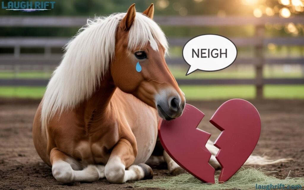 Sad horse with tears and broken heart in paddock.