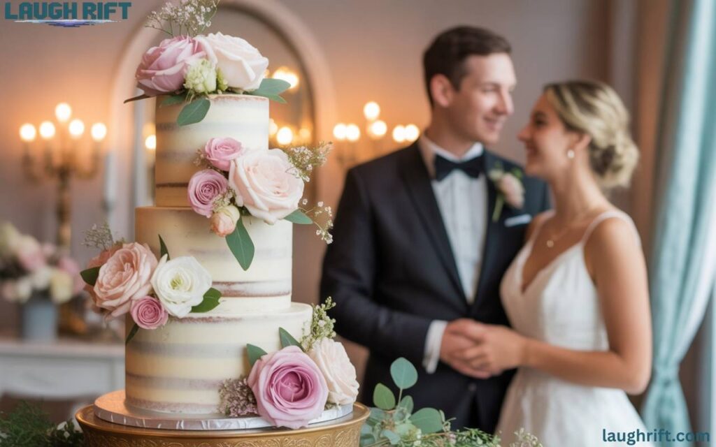 Romantic wedding cake scene.