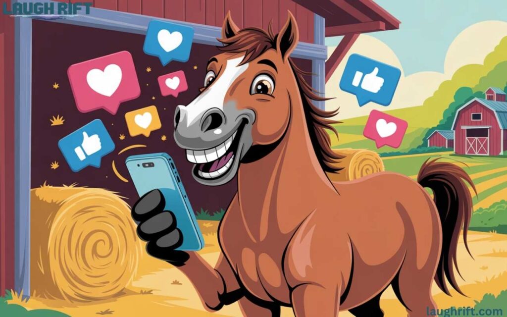 Happy horse engaging on social media with playful icons.