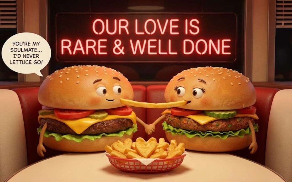 Loving burger sharing fries.