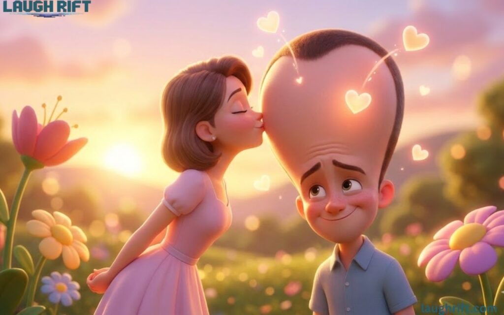 Romantic couple kissing a big forehead at sunset.