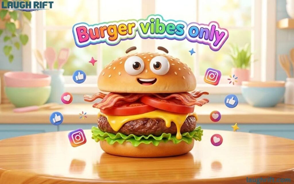 Cartoon burger with hearts and Instagram icons.
