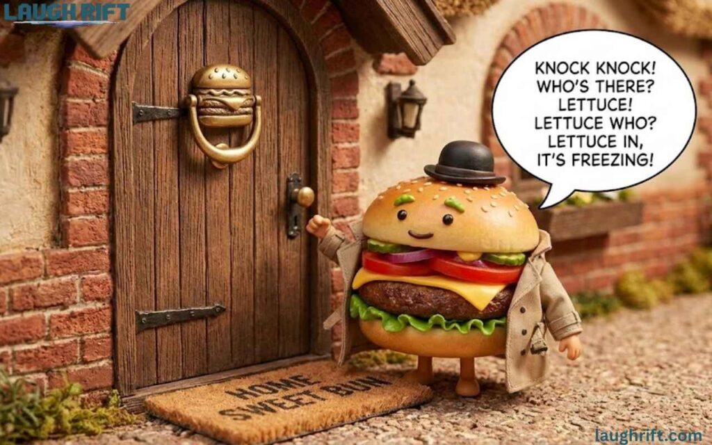 Cartoon knock knock hamburger.