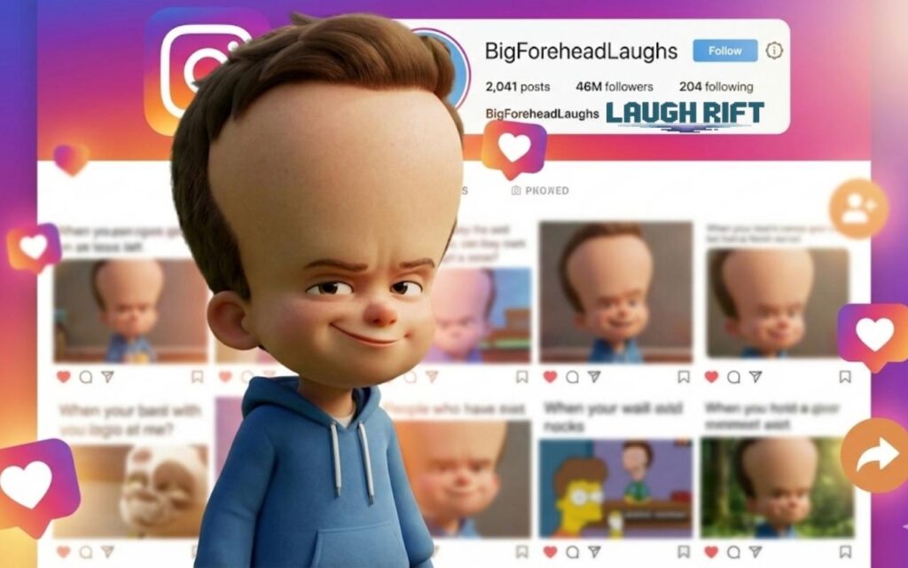 A character with large forehead and a smirk, posing in front of Instagram themed background.