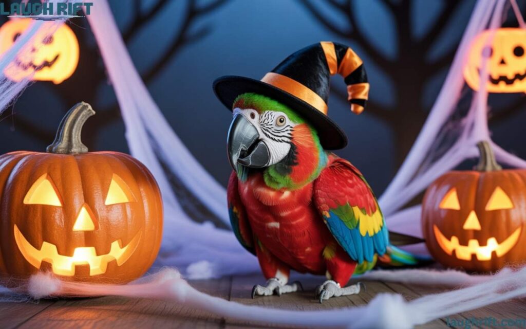 Colorful macaw in Halloween costume with pumpkins and cobwebs.