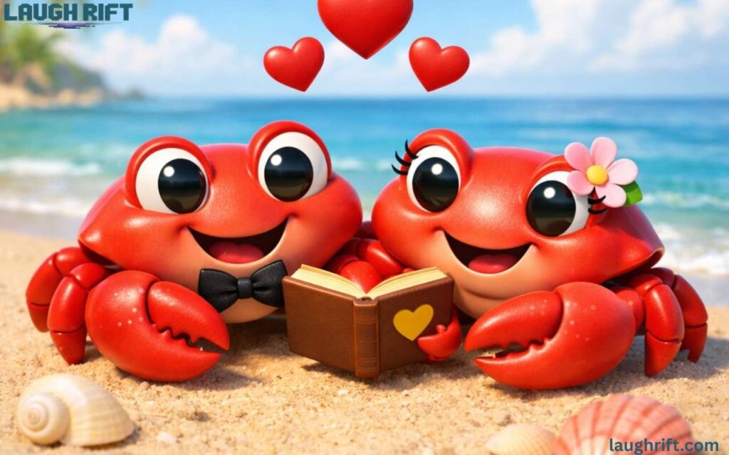Cute male and female crabs with love icons