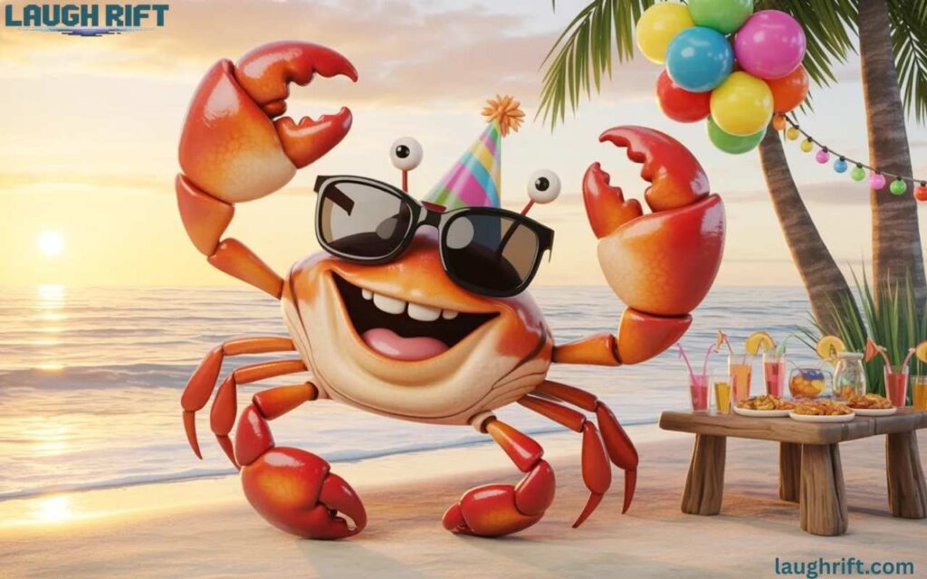 Cartoon crab at a beach party.