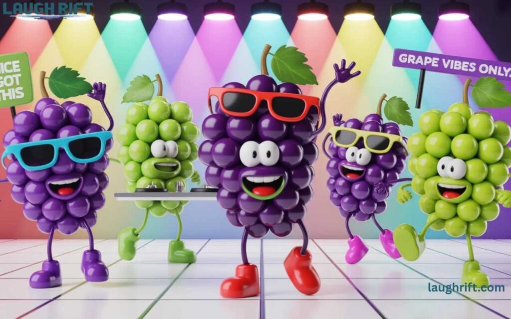 Cartoon 3D grapes dancing on a colorful disco floor with DJ and fun signs for grape puns.