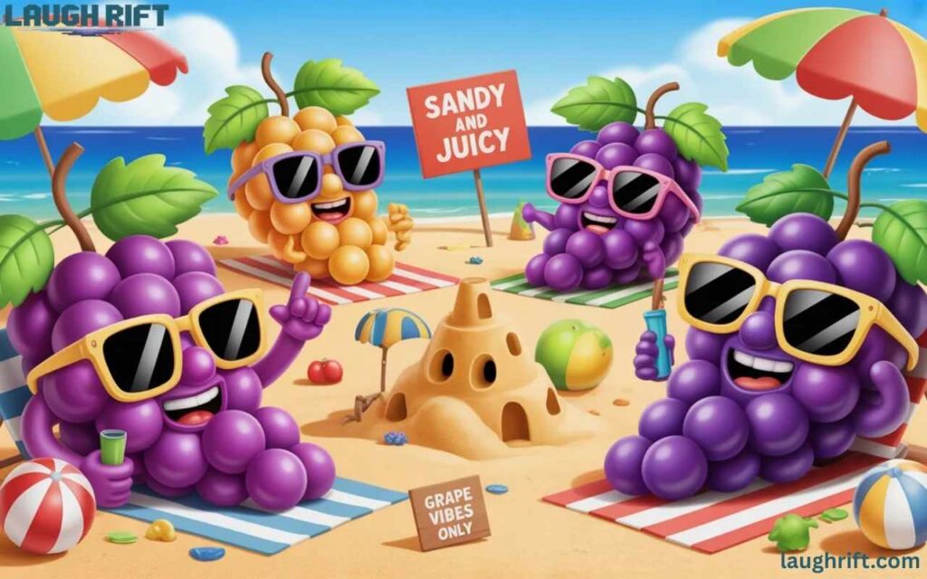 Cartoon 3D grapes on a sunny beach with sunglasses, sandcastles, and playful signs.