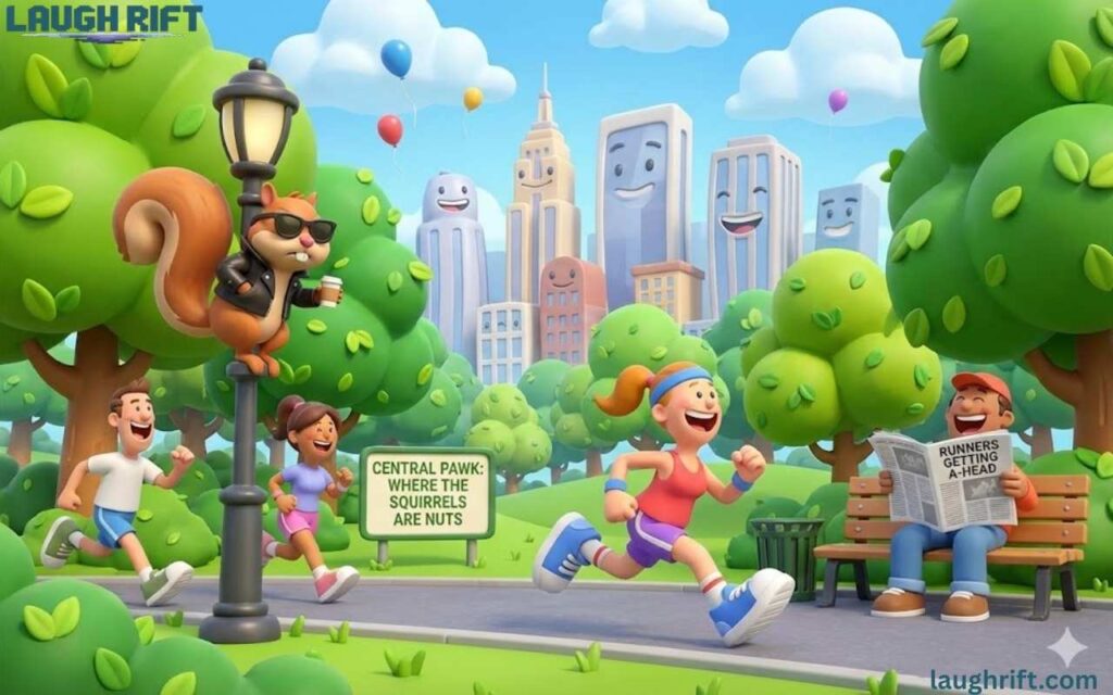 Central Park cartoon with funny puns and squirrels.