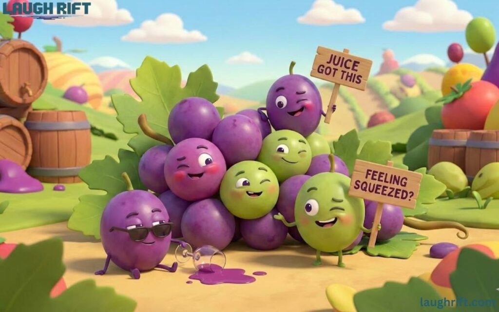 Cartoon 3D grapes with cheeky expressions and wine glasses, representing dirty grape puns.
