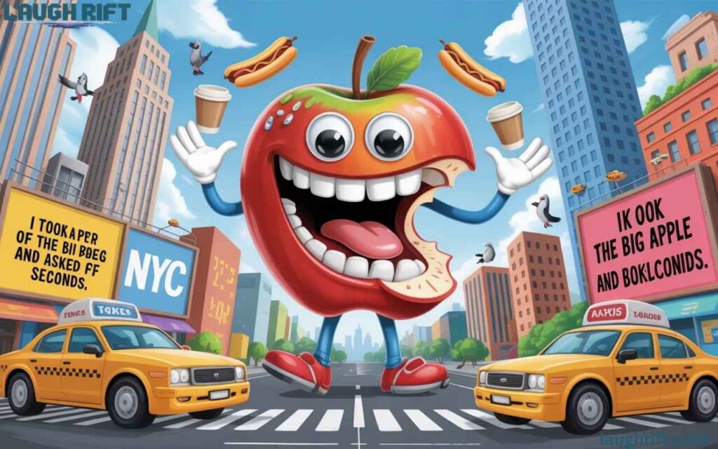 Big Apple with a bite, NYC puns, cartoon style.