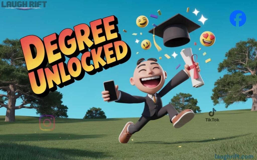 Funny 3D cartoon graduate on sunny campus lawn, holding diploma with social media icons.