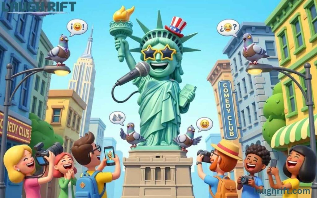 Funny Statue of Liberty cartoon with jokes.