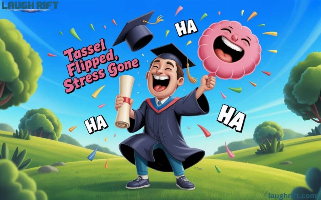 Funny 3D cartoon graduate laughing on lawn, holding diploma.
