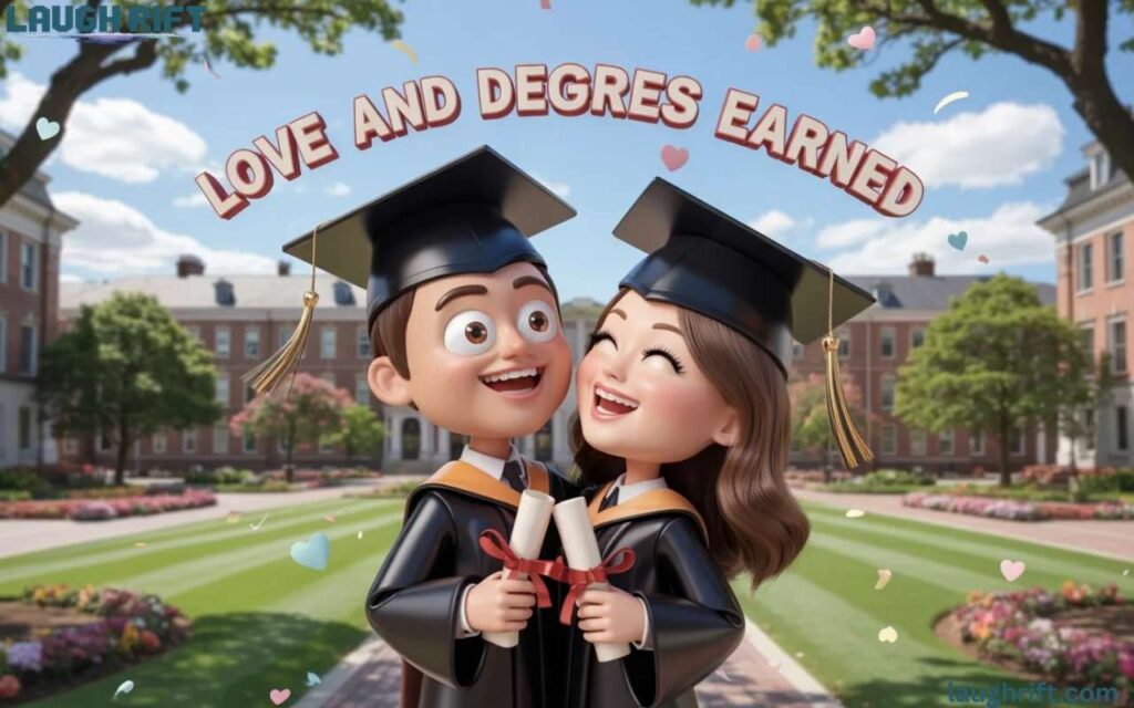 Funny 3D cartoon couple in graduation caps and gowns holding diplomas.