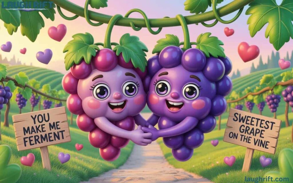 Two cartoon 3D grapes holding hands with hearts and vineyard background for grape puns.
