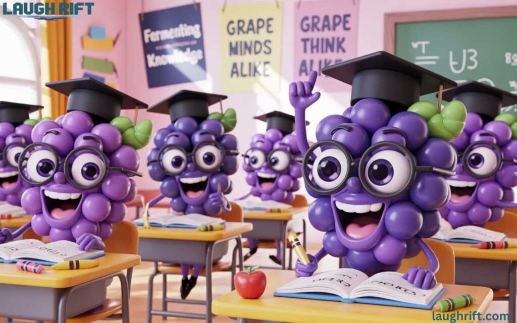Cartoon 3D grapes studying at desks with books, caps, and playful signs.